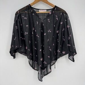 1960s Whimsigoth Blouse Women's‎ Petite Medium Route One Black Sheer Pink Floral